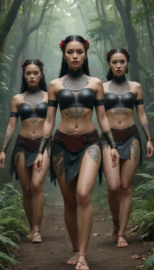 A group of beautiful young Maori women in traditional clothing and Maori tattoos dance a Maori haka in the jungle, fantasy art, cyberpunk art, by Tang Di, takato yamamoto aesthetic, by tom bagshaw, ancient chinese goddess, style of tom bagshaw, cyberpunk geisha, UHD, 4K