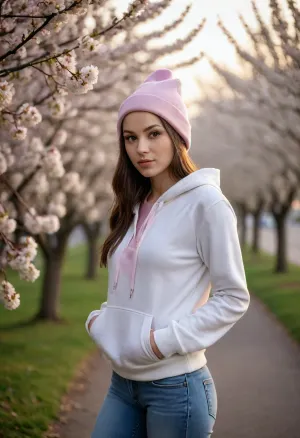 Outdoor, april evening. Blossoming wild plum tree. Woman, Polish-Jewish, 19 yo brunette, skinny, long legs, c-cup breast, oblong symmetric face, wears white hoodie, hood on, tight jeans, white sneakers, pink fisherman-beanie. She walks seductively swaying her hips. masterpiece, photorealistic, ultra-detailed, professional photograph, 35mm, nikkor 35mm f/1.2, ISO 200, velvia, shallow depth of field, sharp focus, soft lighting, Woman is lighted with golden softbox flash, ambient side light.
Full body view. Wide view.