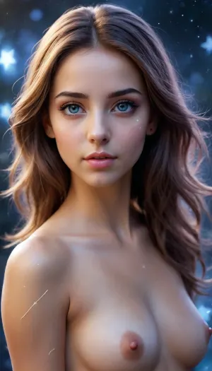 Crie um avatar feminino estilizado, inspirado em uma decifradora de sonhos. Características, Aparência misteriosa e acolhedora., Olhos brilhantes, como se refletissem estrelas., Cabelos ondulados e longos, com tons de azul e roxo.shows small beautiful breasts, Fundo etéreo, com elementos oníricos como nuvens, estrelas e luas flutuantes., Estilo artístico, digital painting, com traços suaves e detalhados.