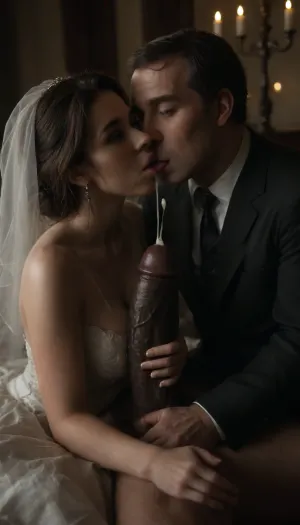 (POV of an giant black man with large oily black penis cumshot on the cuckold Groom and bride's face), huge amount of cum on both faces, cumbucket face, (((The white cuckold man is kiss the bride))), a Curvy Persian bride in a beautiful white slutty and cutout wedding dress sitting on a luxurious bed, ((white cuckold groom in a suit gently hugging her)), on bed, (both looking at each other lovingly), soft candlelight and moonlight glowing in the room, rose petals scattered around, dreamy and intimate atmosphere, fantasy style, highly detailed, A romantic bedroom scene, cinematic lighting, romantic_couple_poses, <lora:dark:.5>, <lora:1365620_training_data:1>, green, eyes, blue, brown, perfecteyes, <lora:PerfectEyesXL:.8>, woman, cum, on, face, <lora:JustCum:.8>
