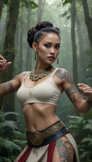 A beautiful young Maori women in traditional clothing and Maori tattoos dance a Maori haka in the jungle, fantasy art, cyberpunk art, by Tang Di, takato yamamoto aesthetic, by tom bagshaw, ancient chinese goddess, style of tom bagshaw, cyberpunk geisha, UHD, 4K