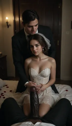 (POV of an giant black man with large black penis standing in the doorway, black man hold his large black penis), a bride in a beautiful white slutty and cutout wedding dress sitting on a luxurious bed, ((white cuckold groom in a suit gently hugging her)), sitting on bed, both looking at each other lovingly, soft candlelight and moonlight glowing in the room, rose petals scattered around, dreamy and intimate atmosphere, fantasy style, highly detailed, A romantic bedroom scene, cinematic lighting, <lora:dark:.4>, <lora:600523_training_data:.8>