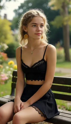18 year old dutch girl, solo, topless, small boobs, happy face, wearing a black mini skirt, black stockings, sit on a bench in a public garden, big golden earrings, <lora:MJ52:.8>, <lora:403324_training_data:.8>