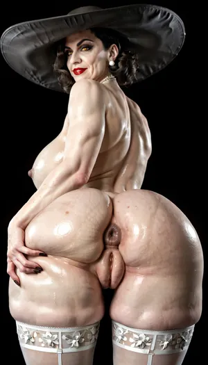 (Alcina Dimitrescu in white stockings), naked woman, transparent, (large ass:1.2), fishnet bodystocking, see-through, crotchless lingere, bangs, (comically hyper puffy swollen vulva:1.2), puffier, (excessive hyper pronounced puffy swollen labia:1.2), over sized vulva, show ass, gaped anus, extra gaped anus, Dark background