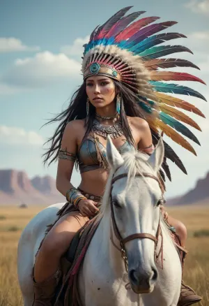 A young, beautiful, slender, Siox Indian woman with large, colorful Indian feather headdress rides a horse across the prairie, cyberpunk art, retrofuturism, by Lü Ji, cgsociety 9, nezha, very beautiful cyberpunk, cyberpunk, concept art feng zhu, UHD, 4K