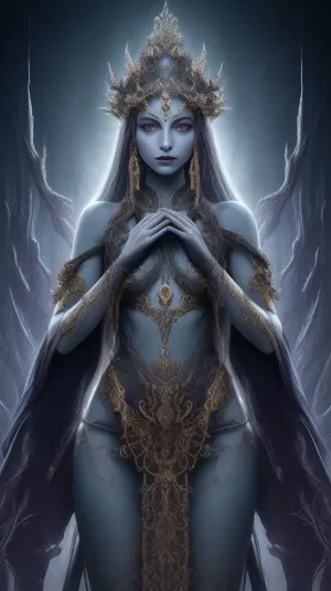 This image is a stunning digital artwork depicting a mysterious and ethereal sexual goddess of beauty with intricate metallic or stone-like skin adorned with elaborate engravings and embellishments. Her expression is intense, with piercing golden eyes that contrast against her pale, almost statuesque complexion. The symmetrical patterns and embossed designs on her face give an otherworldly, almost divine appearance, reminiscent of a futuristic queen or an ancient deity.
The texture of her skin is both organic and mechanical, blending elements of baroque-style ornamentation with biomechanical aesthetics. The detailed filigree and jewelry-like adornments on her forehead and hands enhance the regal and mystical aura. The hands, which appear sculpted with the same intricate detailing, add depth and further emphasize the surreal nature of the image.
She is framed by what seems to be an ornate headdress or ceremonial garment with elaborate braiding and carvings, reinforcing a gothic, fantasy, or even sci-fi influence. The lighting is dramatic, highlighting her face and features while casting shadows that enhance the three-dimensional and sculptural effect of the artwork.
This piece blends fantasy, cyberpunk, and gothic aesthetics, evoking themes of power, mystery, and transcendence. It could represent a divine being, an advanced Al-human hybrid, or an otherworldly ruler from a dystopian or mythological setting., BBr00ke-140, panties, <lora:jkPerfectBreastsv03:.5>, <lora:498764_training_data:.4>, <lora:lowleg_panties_v0.1:.8>
