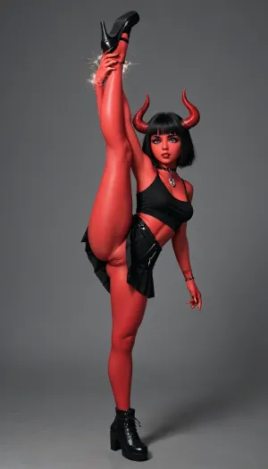 (1girl), (full body), 3/4, demon girl, full body, straight demon horns, slutty clothes, no bra, no underwear, revealing, emo and goth accessories, (thick hips), black hair, (red skin), Wide hips, makeup, short skirt, thick eyebrows, eyeshadow, lips, simple abstract background, Perfect Hands, (leg split), (leg up)