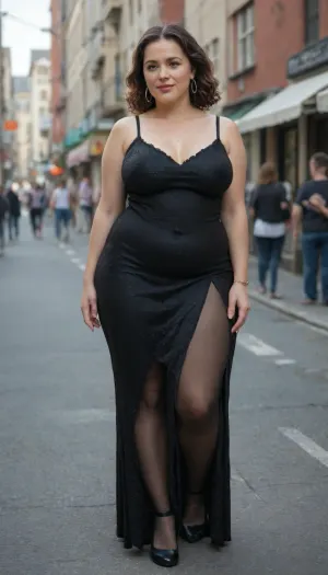 Black hairy fat, obese overweight woman. Standing.posing.The exhibitionist woman, street, dress out, dress up, s4t1ndr3ssFlux, in, satin, white, dress, lifting, her, shirt, to, reveal, breasts