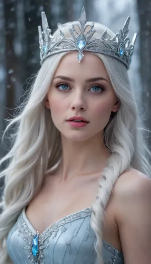 An ethereal ice queen stands atop a frozen throne, her long silver hair cascading down her back like a river of frost. Her icy blue eyes gleam with a regal intensity, as she raises her hand to summon a swirling vortex of snow and ice. Her delicate features are chiseled from the very essence of winter, her skin a radiant pale blue that seems to glow with an otherworldly light. A delicate crystal crown rests upon her brow, its facets glinting with a frosty sheen. The air around her is alive with the magic of winter, as if the very essence of the season has been distilled into this majestic figure.