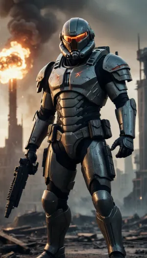 A heavily armored, genetically engineered super soldier from a dystopian future, clad in a power suit adorned with intricate, gothic-inspired armor plating, with a menacing bolter rifle at the ready, set against a backdrop of a ravaged, industrial cityscape, with a fiery explosion illuminating the darkened sky.