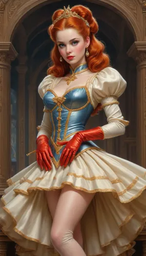 masterpiece, best quality, dark background, 1girl, solo, looking at viewer, long hair, ponytail, orange hair, very long hair, brown hair, magical girl, (style Michael Cheval:1.5), halter, gown, knee, length, short, elbow, gloves, full, body, shot, J.C., Leyendecker, Style, page, <lora:Samaritan 3d Cartoon SDXL:.1>, <lora:J.C. Leyendecker Style:.8>