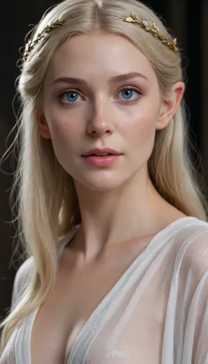 Ultra realistic face, ultra detailed, masterpiece, lady galadriel is a beautiful woman, fully naked, (3/4 side view, 90% body view), small breasts, slim, slender, blue eyes, platinum blonde, open white sheer robe, good quality hands, good quality head, high quality, UHD, (perfect hands, perfect fingers), <lora:HandFineTuning_XL:1>