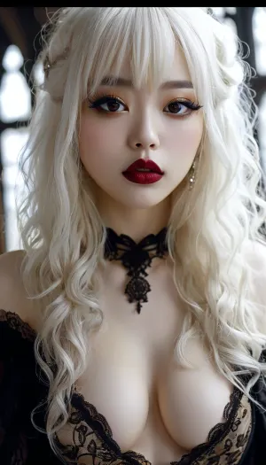 gothic, goth, (asian), pale skin, dark black eyes, white hair, bangs hair, black eyeliner, (black lipstick), white skin, perfect eyes, small eyes, detailed eyes, small nose, good anatomy, ultra detailed, high resolution, fake breasts, slut face, whore, (full body view:1), sexy posing, (illustration:1), (hand drawn:1), (anime:1), <lora:MJ52:.8>