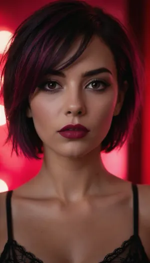 Hyper-realistic portrait of a striking young woman with intense, dark eyes and a confident, piercing gaze. She has short, edgy pink and black hair styled in a messy bob, with strands framing her face. Her makeup is bold, featuring dark, well-defined eyebrows, deep pink lipstick, and subtle smoky eyeshadow. She wears a black lace top with thin straps, exposing her shoulders and collarbones. The lighting is dramatic, with red backlights casting a soft glow behind her, creating a cinematic and high-fashion atmosphere. The background is dark, with bokeh red lights adding depth and mystery. The composition is close-up, focusing on her face and expression, enhancing the powerful and alluring mood.