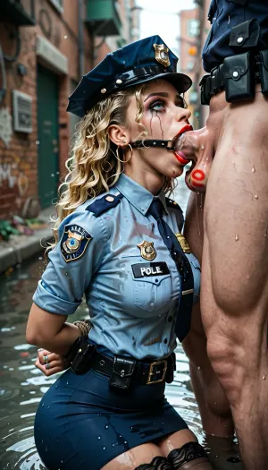 22 year old blonde girl, Police uniform with skirt and fully clothed Sfw, arms tied behind back, stockings and pants, smudged makeup, tight police outfit, deepthroat, ring gag, deepthroat fuck, cock deep in throat, cock fully submerged in mouth, very deepthroat, whole cock in mouth, ring gag in mouth, lipstick marks on balls, very deepthroat fuck, dirty alley, rainy day.