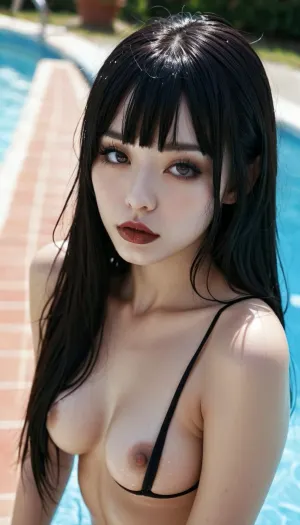gothic, (goth), (asian), pale skin, dark black eyes, dyed black hair, bangs hair, long bangs, forehead hair, (hair covers eyes), black eyeliner, (black lipstick), (pale skin), white skin, perfect eyes, small eyes, detailed eyes, small nose, slim body, looking at viewer, selfie, side view, angle from above, walking pool, outdoor pool, hard shadows, sweaty, breasts out, perfect figure body, blush, embarrassed, gleaming skin, steam, tanline, microbikini, cum hair on hair, cum on body, bukkake, perfect body, <lora:microbikini_sdxl_1:.5>, <lora:MJ52:.5>