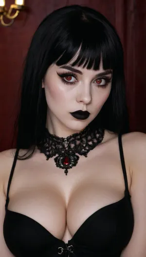 gothic, goth, pale skin, dark black-red eyes, black hair, bangs hair, black eyeliner, (black lipstick), white skin, perfect eyes, small eyes, detailed eyes, small nose, good anatomy, ultra detailed, high resolution, fake breasts, slut face, whore, (ahegao:1), sexy posing, (illustration:1), (hand drawn:1), (anime:1), Stable-Yogis-Makeup-Enhancer-XL