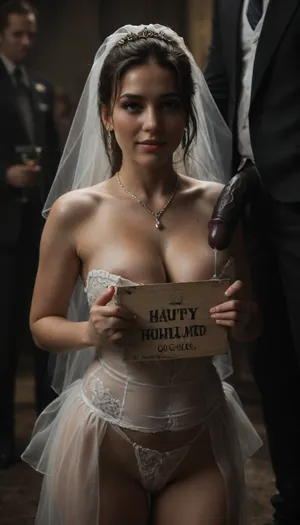 interracial, ((white cuckold husband in suit is behind the bride and crying)), very large black penis, The happy chubby Persian bride in sexy wedding dress, cum driping bride's chain' cum driping from black penis, drinking sperm from transparent Shot glass, there is glossy and sticky sperm in Shot glass, Shot glass full of sperm, cum swallowing, ((gokkun)), cum dripping from the corners of her lips, The woman holds the Shot glass under the black cock., ((text on The Shot glass is, "BBC Cum")), logo, text, sign, that, says, the, word, happy, <lora:671410_training_data:.8>, <lora:dark:.5>, <lora:texta:1>, <lora:677862_training_data:.8>, <lora:happy_v2:.8>