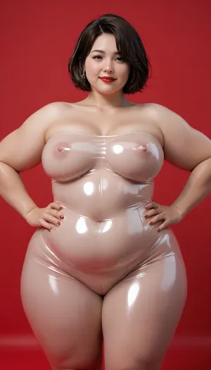 plain red background, very chubby woman, (bbw:1.8), (fat:1.8), oiled skin, very shiny skin, brunette, short hair, very busty very chubby, ((wearing translucent clear latex bodysuit)), full red lips, smiling, standing, hands on hips