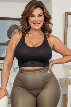 60 year old mature GILF, standing, in a living room, (small, not tall), (wide hips), (thick thighs), brunette hair with auburn highlights, chubby round face, strong nose, big smile, (capturing full body, happy expression), hoop earrings, best quality, photorealism, masterpiece, (cameltoe:1.3), tight highwaist leggings, lowcut v-neck sleeveless t-shirt tucked in, sagging, FUPA, big ass, braless, covered, nipples