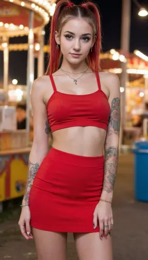 masterpiece, cute, 20 year old, skinny, tattoos, little slit, best quality, thin legs, piercings, thighs, vanille, waist chain, necklace, bracelets, red crop top, sideboob, miniskirt, slutty clothes, upper body, (Hairstyle 2 ponytails), closed mouth, Symmetrical eyes, (Heterochromia:.6), happy, night, carnival, looking at viewer, little_caprice, perfecteyes