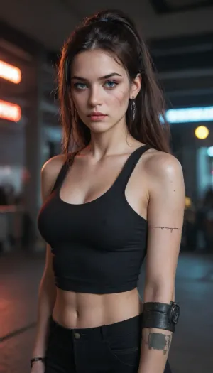 a masterpiece rough color pencil sketch of a dark, edgy, and menacing cyberpunk antiheroine, depicted from the waist up, with a fit, athletic physique, wearing a sleek black cropped tank top in a fitness style, showcasing her toned right arm and aggressive, villainous, organic mechanical left arm armor, with black, metallic, and neon-lit details, her long hair styled in a high ponytail that cascades down her back, with a few loose strands framing her heart-shaped face, serious expression, and intense, brooding eyes, with visible bloody scars on her stomach, set against a dark, misty night cityscape background with towering skyscrapers, neon lights, and a sense of foreboding, with visible pencil marks and blended colors, evoking a sense of dark energy and intensity, in a bold, sketchy style reminiscent of Sketch, with a predominantly dark color palette accented with neon hues, pencil marks, and paper texture.