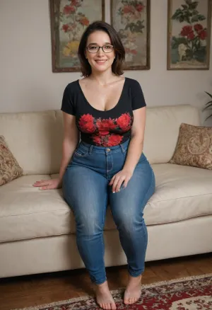 60 year old mature woman, glasses, sitting on a couch, legs spread, in a living room, (small, not tall), (wide hips:1.3), (big hips:1.3), brunette hair with gray roots, chubby round face, big smile, (capturing full body, happy expression), best quality, photorealism, masterpiece, tight highwaist blue jeans, lowcut v-neck black t-shirt with red floral pattern tucked in, sagging, FUPA, braless, downblouse, nipslip, <lora:RealDownblouseXL2:.5>