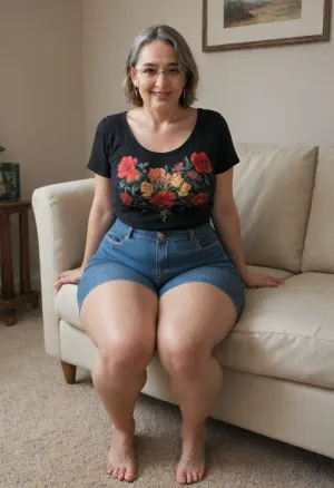 (Gilf:1.4), 60 year old mature woman, glasses, sitting on a couch, legs spread, in a living room, (small, not tall), (wide hips:1.3), (big hips:1.3), brunette hair with gray roots, chubby round face, big smile, (capturing full body, happy expression), best quality, photorealism, masterpiece, tight highwaist blue jeans, lowcut v-neck black t-shirt with red floral pattern tucked in, sagging, FUPA, braless, downblouse, nipslip, <lora:RealDownblouseXL2:.5>