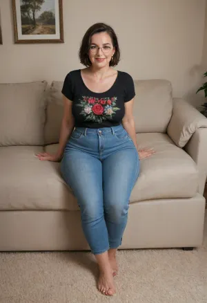 (Gilf), 60 year old mature woman, glasses, sitting on a couch, legs spread, in a living room, (small, not tall), (wide hips:1.3), (big hips:1.3), brunette hair with gray roots, chubby round face, big smile, (capturing full body, happy expression), best quality, photorealism, masterpiece, tight highwaist blue jeans, lowcut v-neck black t-shirt with red floral pattern tucked in, sagging, FUPA, braless, downblouse, nipslip, <lora:RealDownblouseXL2:.5>