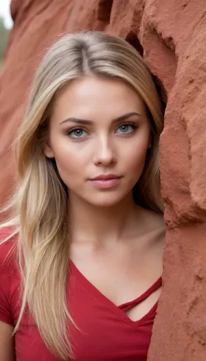 (avant-garde outdoors facial portrait, hiking through a scenic red rock slot canyon:1.8), (beautiful woman's face:1.1), (focus on stunning eyes:1.2), (intense eye detail, intricate eye details:1.3), (vivid eyes, vibrant eyes:1.4), (beautiful long eyelashes:1.2), (detailed eyeliner:1.1), (dramatic lighting, cinematic lighting:1.3), (long ash blond hair with dark roots, sporty hair style, high ponytail, loose strands of hair:1.4), (warm and inviting color palette:1.2), (subtle contrasts:1.1), (contrasting soft skin tones:1.1), (awestruck expression:1.2), (sense of adventure and wonder:1.3), (shallow depth of field:1.4), (blurred background:1.1), (detailed skin, detailed hair, detailed eye, limbal ring:1.3), (natural skin texture, natural hair texture, natural eye texture, vellus hairs:1.3), (full lips, slightly parted), ziprealism