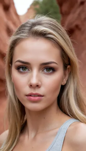 (avant-garde outdoors facial portrait, hiking through a scenic red rock slot canyon:1.8), (beautiful woman's face:1.1), (focus on stunning eyes:1.2), (intense eye detail, intricate eye details:1.3), (vivid eyes, vibrant eyes:1.4), (beautiful long eyelashes:1.2), (detailed eyeliner:1.1), (dramatic lighting, cinematic lighting:1.3), (long ash blond hair with dark roots, sporty hair style, high ponytail, loose strands of hair:1.2), (warm and inviting color palette:1.2), (subtle contrasts:1.1), (contrasting soft skin tones:1.1), (triumphant expression:1.2), (sense of adventure and accomplishment:1.3), (shallow depth of field:1.4), (blurred background:1.1), (detailed skin, detailed hair, detailed eye, limbal ring:1.3), (natural skin texture, natural hair texture, natural eye texture, vellus hairs:1.3), (full lips, slightly parted), ziprealism
