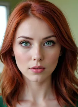 young beauty, cute pretty face, bright red hair, large green eyes, hazel eyes, oriental eyes, red puffy open lips, triangular face, pointy chin, stunning beautiful, face closeup, lot of cum on face, much cum on hair