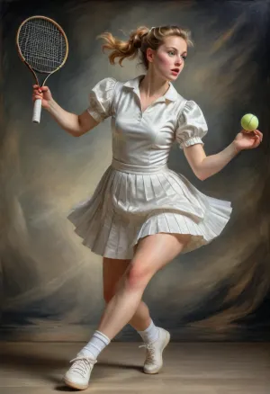 Peter Paul Rubens Style, A Peter Paul Rubens painting of a woman tennis player. in the 20century. She's wearing a white tennis player's costume with a short pleated skirt. She jumped up and raised her racket to serve the ball.., <lora:Peter Paul Rubens Style:1>