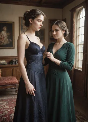 beautiful 1890, a naval vessel, captain's cabin. a very beautiful European noblewoman in a Victorian dress, (She wears a bespoke, navy color silk dress, its intricate lace detailing shimmering subtly in the light, her fingers adorned with elegant rings), with a elegant long hair style of that era, slutty, tall, slender, jewels on her neck, navy color dress is expressive green eyes, pale skin, perfect face, breast expansion, medium breasts, rounded breasts, (firm medium natural breasts:1.3), upright breasts, (lean body:1.3), super waist, hourglass shape.A majestic Victorian drawing-room, bathed in the warm, golden light of a late afternoon sun streaming through tall, arched windows. The centerpiece is a richly upholstered, emerald green velvet armchair, where a refined woman The dress cinches her waist, highlighting her elegant posture as she holds a delicate porcelain teacup, her fingers adorned with elegant rings. Her body language exudes quiet confidence and composure, her gaze directed thoughtfully towards a distant point, lost in thought.the man captain of the vessel in a navy uniform in the captain's cabin, oldman, stands next to the woman in the chair and looks at her. The room's walls are adorned with oil paintings in ornate gilded frames, depicting pastoral scenes and aristocratic portraits. A Persian rug, rich in texture and deep jewel tones, lies beneath the armchair. The overall atmosphere is one of refined elegance and quiet luxury, reminiscent of a pre-Raphaelite painting. The style is characterized by intricate details, soft, diffused lighting, and a muted color palette emphasizing deep blues, greens, and golds. Rendered in a photorealistic style with a painterly touch, emphasizing rich textures and soft light, wide angle shot., victorianstyle, <lora:victoriansxl_v1:.5>, <lora:Omnia_Daily_Life-000005:.5>
