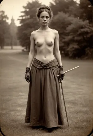 woman, halfnude in only long skirt pretty young victorian lady with rapier in right hand ready for duel, fencing position, outdoor, (topless:1.6), ((19th century vintage Victorian photography:1.7), tintype, dry plate, grainy, real, (facing camera:1.2), shot from a distance, long shot)