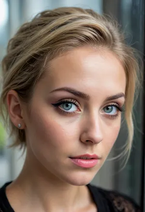 (profile portrait:1.1), (beautiful woman's face:1.3), looking out of a, (rainy window:1.5), (melancholy expression:1.4), (intense eye detail:1.4), (intricate eye details:1.4), (vivid eyes:1.5), (vibrant eyes:1.5), (beautiful long eyelashes:1.3), (detailed eyeliner:1.2), (dramatic lighting:1.4), (cinematic lighting:1.4), (short ash blond hair with dark roots:1.3), loose strands of hair, swept back hair style, (vibrant high contrast color palette:1.3), (warm skin tones:1.2), (shallow depth of field:1.5), (blurred background:1.2), artistic framing, artistic composition, professional color grading, (detailed skin:1.3), (detailed hair:1.3), (detailed eye:1.4), (limbal ring:1.4), (natural skin texture:1.3), (natural hair texture:1.3), (natural eye texture:1.3), vellus hairs, ziprealism