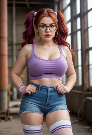 Full body, Sonia, extremely large breasts, extremely large ass, extremely large hips, extremely thin waist, extreme hourglass figure, top heavy, bottom heavy, front heavy, back heavy, bimbo body, fluffy red hair in messy twin tails, purple crop top, purple scrunchies, short blue denim skirt, white high socks, white sneakers, red rimmed glasses, golden hoop earrings, makeup, abandoned power plant