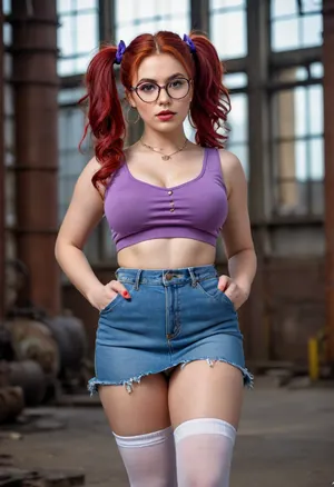 Full body, Sonia, extremely large breasts, extremely large ass, extremely large hips, extremely thin waist, extreme hourglass figure, top heavy, bottom heavy, front heavy, back heavy, bimbo body, fluffy red hair in messy twin tails, purple crop top, purple scrunchies, short blue denim skirt, white high socks, white sneakers, red rimmed glasses, golden hoop earrings, makeup, abandoned power plant