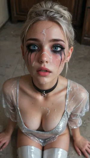 (silver transparent sequin dress), (white thigh-high boots), black slave choker, no bra, erected nipples, cleavage, blue eyes, oiled body, perfect fingers, (light white bun hair), upperview, surprised eyes, (blushing:1.4), and orgasm face, (cum on face:1.4), (ruined makeup:1.6)