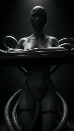 (masterpiece, best quality, photorealistic), ((monochrome:1.6)), ((black and white only:1.5)), biomechanical chamber interior, vertical slab or cold metal wall, ambient pulse-light, sacred dark glow, ((nude woman strapped upright to a vertical operating table:1.5)), arms lifted and restrained, legs spread, posture exposed and submissive, ((flawless body:1.7)), soft musculature, thighs slick, abdomen tense, skin wet and reflecting the light, ((face covered by jagged, angular breathing mask:1.6)), faint fog within, identity obscured, ((thick alien tubing and biomechanical tentacles slithering around her:1.5)), one coiled around thigh, one pressing into her between legs, others sliding across her torso, ((entry teased, vaginal folds glistening:1.7)), no penetration yet, tension building, stimulation present lighting, low, hard, directional from below — emphasizing glistening skin, fluid reflections, biomech highlights camera angle, tilted upward — focusing on restrained posture, curves, tubes, and control atmosphere, silent, sacred, clinical, unholy — ritual submission, living filth as communion, <lora:ral-chrosc-bw:1.5>, <lora:dark:.5>