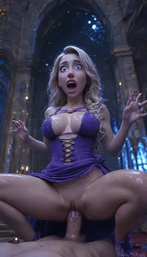 Realistic, Disney'srapunzel caught fucking a man in the castle, 18 year old, squatting, (vampire teeth and glowing blue eyes:1.5), (wearing purple gown Rapunzeloutfit:1.8), purple corset and push up lifted tits bra, underboob harness, amazing fit body, flat stomach, getting fucked cowgirl style, big round silicone tits, pierced nipples with hoops, extremely long blonde hair, purple lipstick, smiling, cock inside pussy, view from below, making eye contact, (shocked:1.8), large, breasts, big, boobs, huge, tits, <lora:bombshell_v2:.8>, (oiled skin:1.5), very detailed face, very detailed hands and fingers, <lora:Mistress_of_the_night-000016:1.8>, <lora:Glowing_beach:.8>