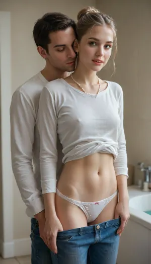 Alluring 25 yo caucasian woman standing. she is skinny, b-cup, very Long soaking wet blonde hair, square face, high cheekbones, upturned nose, long eyelashes, wide mouth, puffy lower lip, large upturned almond black eyes, blushing, alluring gaze, seductive smile, eyes wide opened, very long pearl necklace, prominent circular earrings, perfect teeth, slender figure. happy expression, hair up in a bun, (she is wearing a shirt . Her boyfriend is standing behind her kissing her neck and feeling her body from behind her back. Her jeans and panties are pulled down to just enough to reveal her hairy vagina), Her vagina is the center of the image, and, (((she is facing forward))), .she is in her bedroom. She is slim . The man’s eyes are closed . He is wearing pajama pants and a sweater. He has short hair, She has a very long pearl necklace, slender figure detailxl