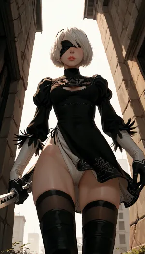 masterpiece, best quality, high resolution, hires, score_9, score_8_up, score_7_up, score_6_up, (Yorha 2B from NieR:1.4), incase, style, ratatatat74, solo, view from below, close up, black blindfold, medium breasts, black dress, fit, wide hips, thick thighs, thighhighs, standing, blushing, leaning back against crumbling wall, holding sword, detailed, day, ruined city, <lora:287175_training_data:1.5>, <lora:ratatatat74-000050:1.3>