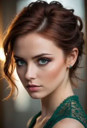 (hair model:1.6), (profile portrait:1.1), (beautiful woman's face, chiselled cheekbones, defined jawline, stunning Scottish beauty:1.3), (melancholy expression:1.4), (intense eye detail:1.4), (intricate eye details:1.4), (exquisite hair details:1.4), (vivid emerald eyes:1.5), (vibrant eyes:1.5), (beautiful long eyelashes:1.3), (detailed eyeliner:1.2), (dramatic lighting:1.4), (cinematic lighting:1.4), (short dark auburn hair with coppery highlights, loose strands of hair, swept back hair style:1.6), (vibrant high contrast color palette:1.3), (warm skin tones:1.2), (shallow depth of field:1.5), (blurred background:1.2), artistic framing, artistic composition, professional color grading, (detailed skin:1.3), (detailed hair:1.3), (detailed eye:1.4), (limbal ring:1.4), (natural skin texture:1.3), (natural hair texture:1.3), (natural eye texture:1.3), vellus hairs, ziprealism