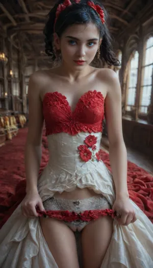 ((innocent-looking girls)), on a seaport in Spain with a pirate ship in the background, front view, ((medium breasts, straight dark hair, single ponytail, bows in hair, blue eyes, fully-clothed)), ((long ballroom dress with red floral design, lace panties, (pulled aside to show bare wet pussy))), (flirty smile, red lipstick), (((2 girls))), perfect hands, perfect fingers, perfect anatomy, realistic skin, slim girls, RAW image, Canon EOS R3, DSLR photo, 8k, best quality, (ultra, HD, quality, details), (/The, Incredibles), /, flat, chested, clothes, <lora:ahxl_v1:1.4>, <lora:flat_chested_v3.5:1.4>, <lora:Randommaxx_nsfw_merge_v3_lora_fp16:1.8>