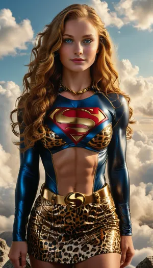 masterpiece, best quality, high resolution, hires, solo, close up, upper torso portrait, front, facing viewer, looking at viewer, huge breasts, lithe athletic body, hourglass figure, long hair, wavy hair, sleek ginger hair, blue eyes, 19 years old, narrow face, charming smile, shiny leopard print skin tight long sleeve leopard print body suit with wide neck and leopard print cape tucked into neck of leopard print suit, (leopard print mini skirt with gold belt), (leopard print Superman Symbol on chest), muscular, leopard print supergirl, mad-abvthclds, clouds, cloudy, sky, sun, moon, 1girl, <lora:uberfit_lora_sdxl:.7>, <lora:Above_the_Clouds_SDXL:.2>, <lora:PAseer-SDXL-FarOfTheSun:.3>, <lora:MJ52:.8>, <lora:xl_more_art-full_v1:.5>