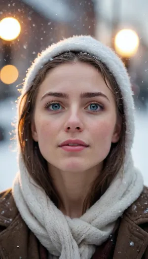 (20 year old woman's face, looking up head tilted back at winter sun, blissful expression:1.4), (snowing, wet skin, wet hair:1.4), (hands to the side of her face), (city lights in background, bokeh), (extremely intricate and detailed, highly detailed eyes, high resolution eyes, high quality eyes, highly detailed hair), (masterpiece, sharp focus, dramatic, award winning, cinematic lighting, warm glow lighting face), (same color eyes, symmetric eyes, matching eyes, detailed eyes, detailed iris, detailed pupils, limbal ring around iris, perfectly round iris, perfectly round pupils), (expressive eyes, striking eyes, captivating eyes, glittering eyes, Fae eyes), (photography rule of thirds), blue eyes, dark eyebrows