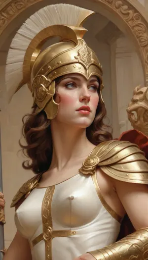 Athena. The Greek goddess of war. A Corinthian helmet with a high crest, a shield covered with goatskin, a shield decorated with the head of the Gorgon Medusa, a spear, J.C., Leyendecker, Style, page, <lora:J.C. Leyendecker Style:.8>