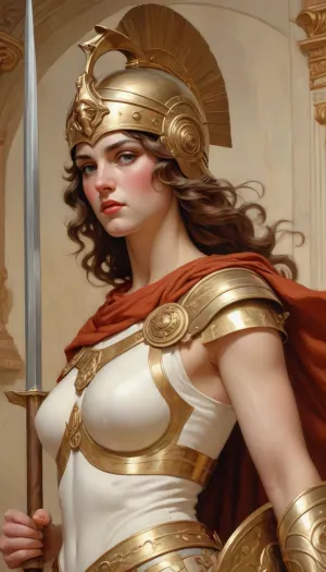 Athena. The Greek goddess of war. Corinthian helmet with a high crest, a shield covered with goat skin and decorated with a head The Gorgons of Medusa., spear., J.C., Leyendecker, Style, page, <lora:J.C. Leyendecker Style:.8>