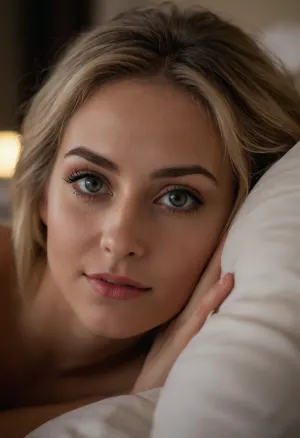 (profile portrait:1.1), (beautiful woman's face:1.3), (loving expression, sweet shy smile:1.4), (snuggled in bed, loose hair falling across face, fluffy pillow, good morning:1.4), (intense eye detail:1.4), (intricate eye details:1.4), (vivid eyes:1.5), (vibrant eyes:1.5), (beautiful long eyelashes:1.3), (detailed eyeliner:1.2), (short cut hair, ash blond hair with dark roots, loose strands of hair, swept back hair style:1.4), (warm and comforting color palette:1.3), (sense of adoration and contentment:1.5), (dramatic lighting:1.4), (cinematic lighting:1.4), (shallow depth of field:1.5), (blurred background:1.2), professional color grading, (detailed skin:1.3), (detailed hair:1.3), (detailed eye, limbal ring, detailed irus:1.4), (natural skin texture:1.3), (natural hair texture:1.3), (natural eye texture:1.3), vellus hairs, ziprealism